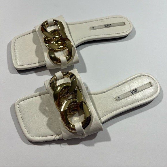 Zara White with Gold Chain Flat Slide Sandals Size 40 US Size 9.5 - Picture 3 of 7